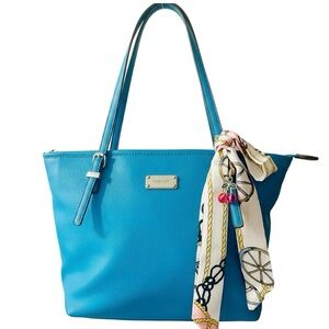 Nine West Teal Turquoise Blue Vegan Leather Zipper Tote Bag with Scarf & Charm